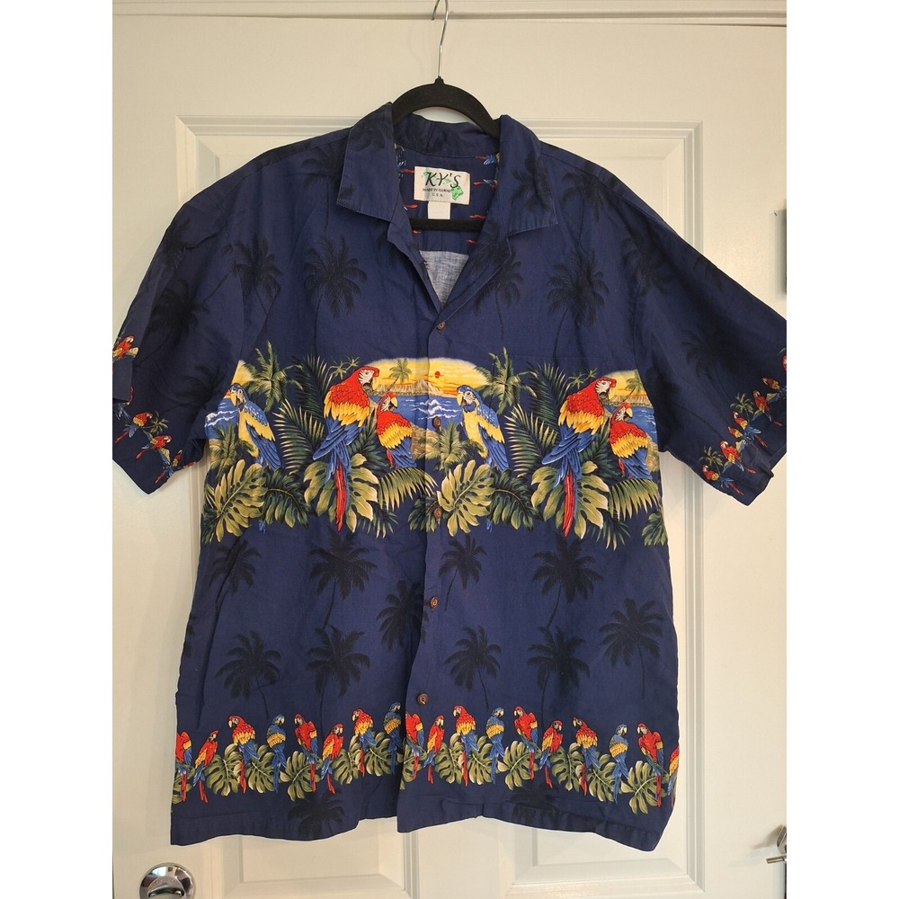 KY's Hawaiian Shirt Made In Hawaii Dark Blue Size XL Floral Palm Tree parros